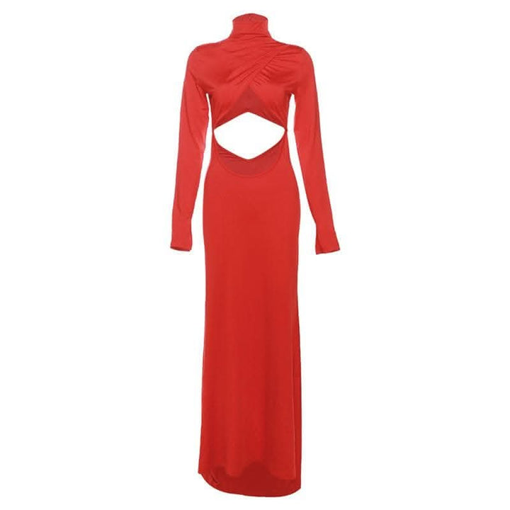 Hollow out solid long sleeve high neck zip-up cut out maxi dress-final-sale  | Festival Outfits Women