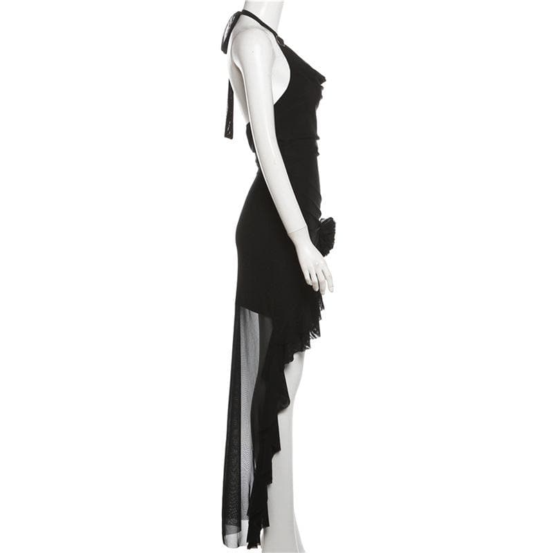 Halter cowl neck flower applique ruffle maxi dress  | Festival Outfits Women