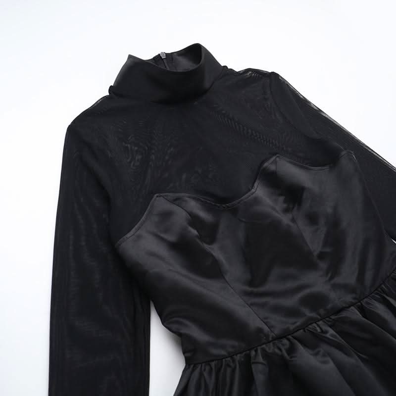 Long sleeve high neck zip-up mesh patchwork mini dress  | Festival Outfits Women