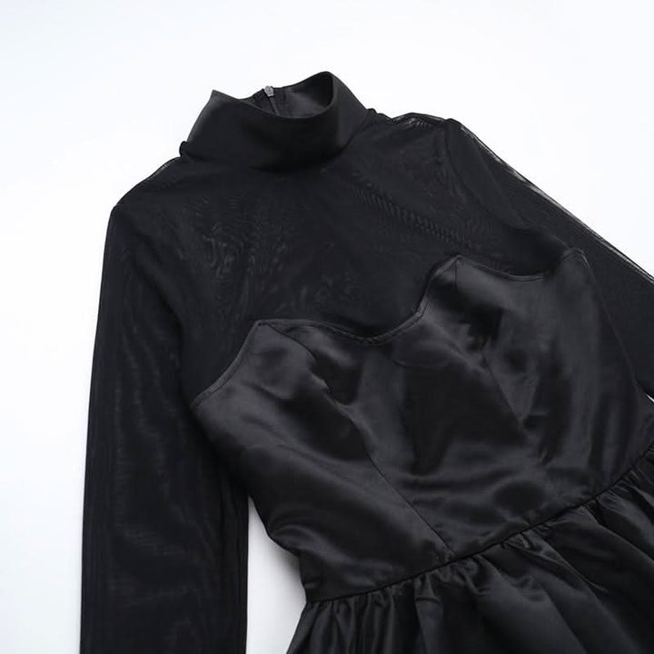 Long sleeve high neck zip-up mesh patchwork mini dress  | Festival Outfits Women