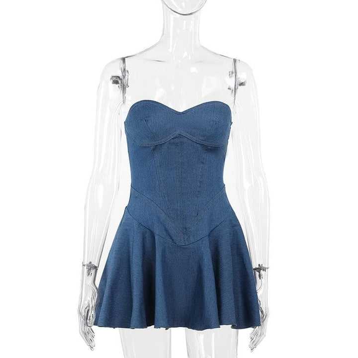 Denim sweetheart neck stitch ruched tube mini dress  | Festival Outfits Women