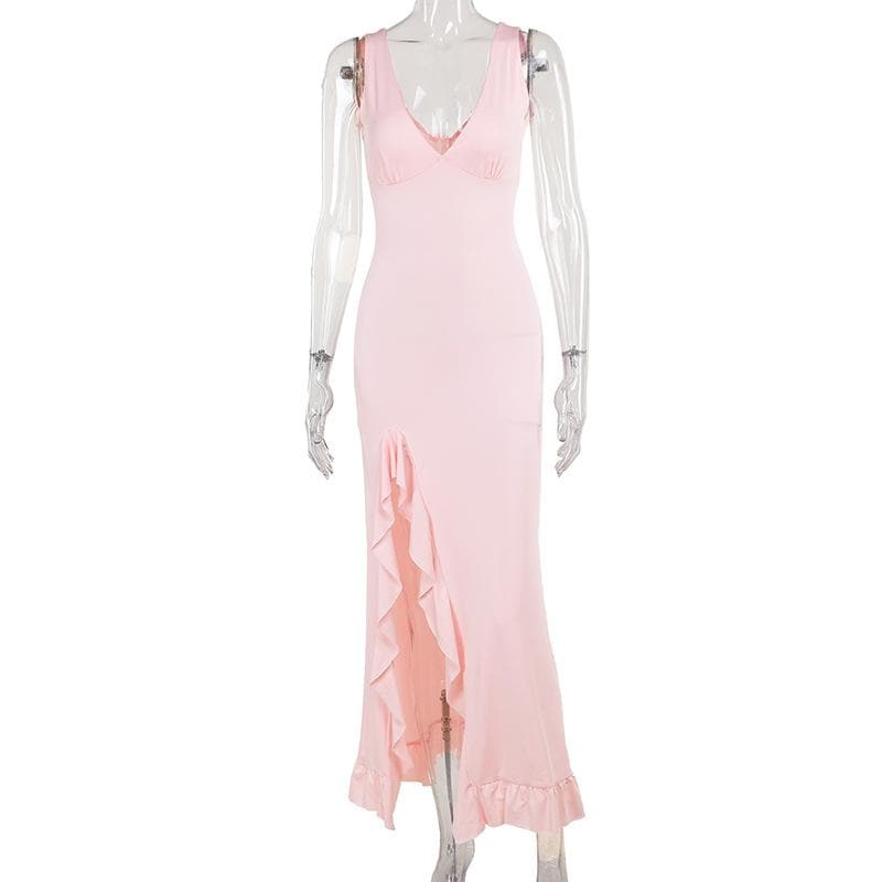 Deep v neck ruffle slit ruched cami maxi dress  | Festival Outfits Women