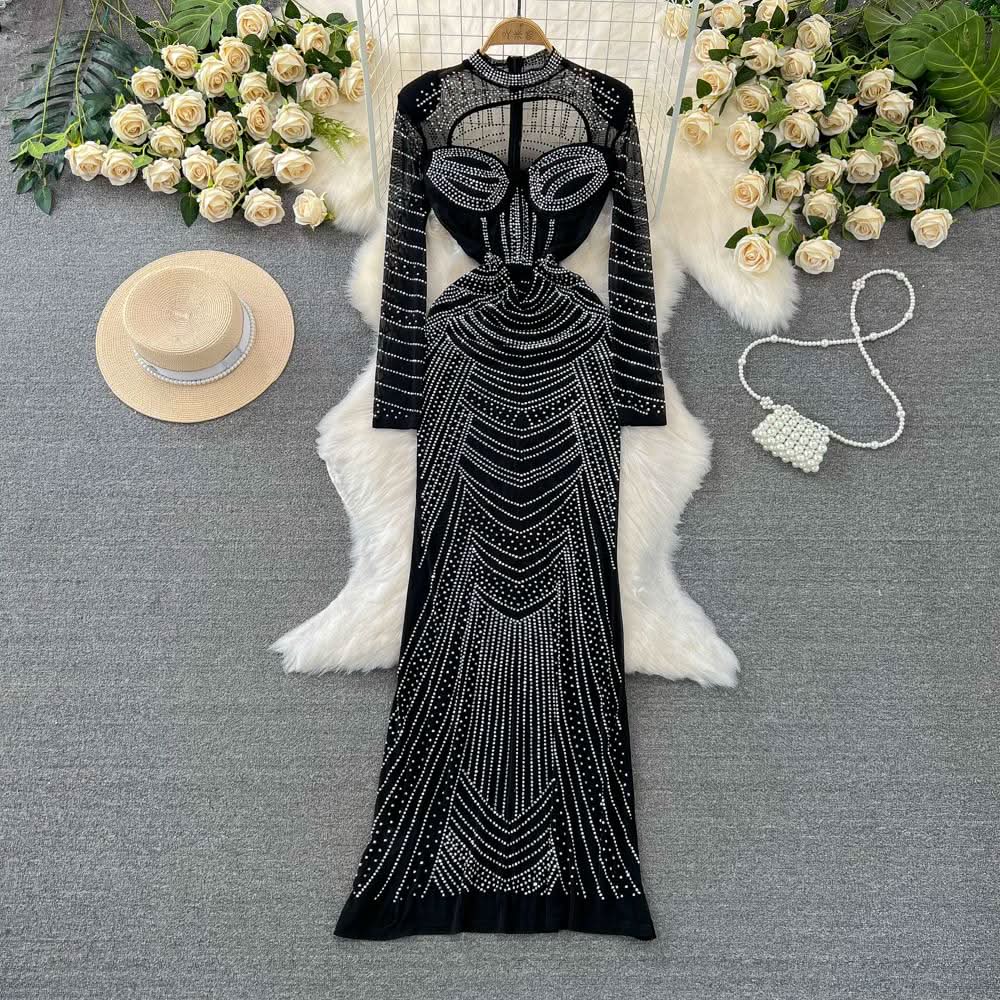 Long sleeve crewneck beaded zip-up hollow out cut out maxi dress  | Festival Outfits Women