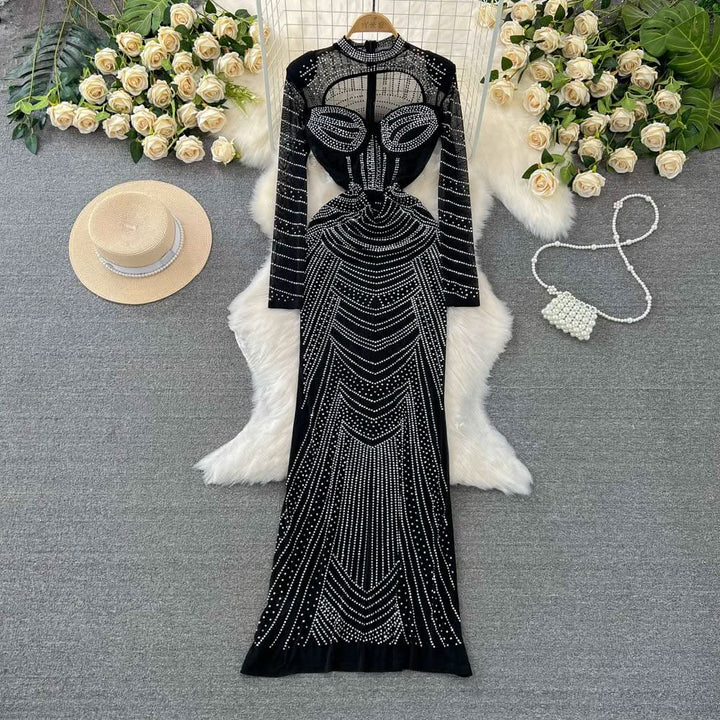 Long sleeve crewneck beaded zip-up hollow out cut out maxi dress  | Festival Outfits Women