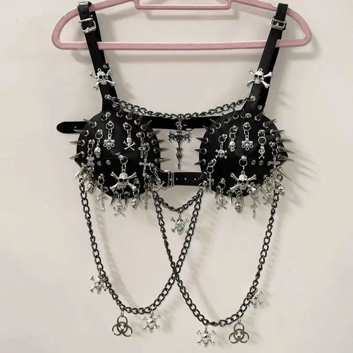 Metal chain rivet skull applique buckle cami top  | Festival Outfits Women