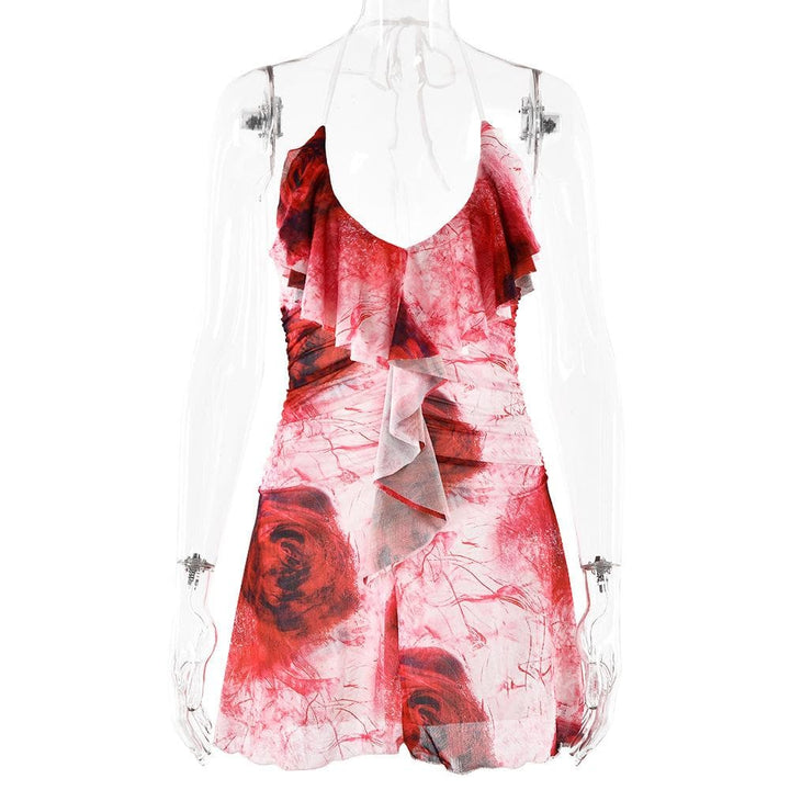 Halter ruffle rose print ruched backless cami mini dress  | Festival Outfits Women