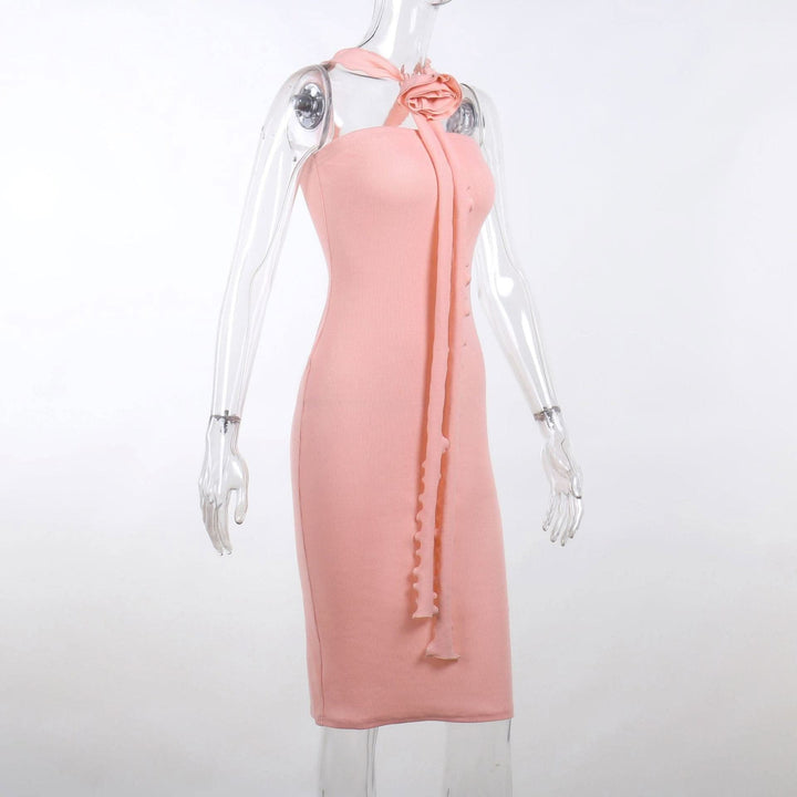 Ribbed solid slit flower applique ribbon ruffle midi dress-final-sale  | Festival Outfits Women