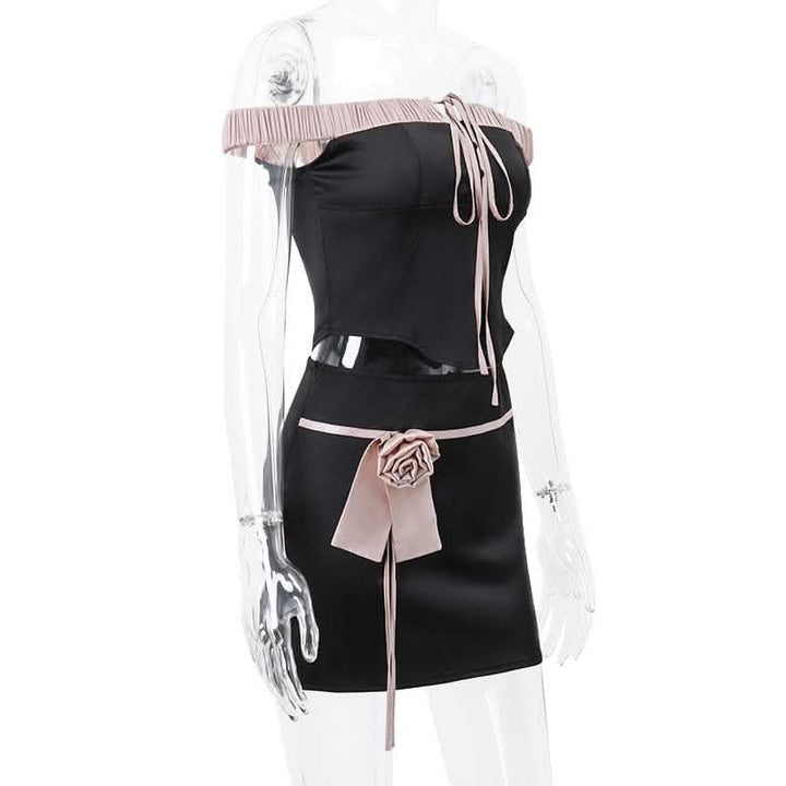 Off shoulder self tie flower applique zip-up button mini skirt set-final-sale  | Festival Outfits Women