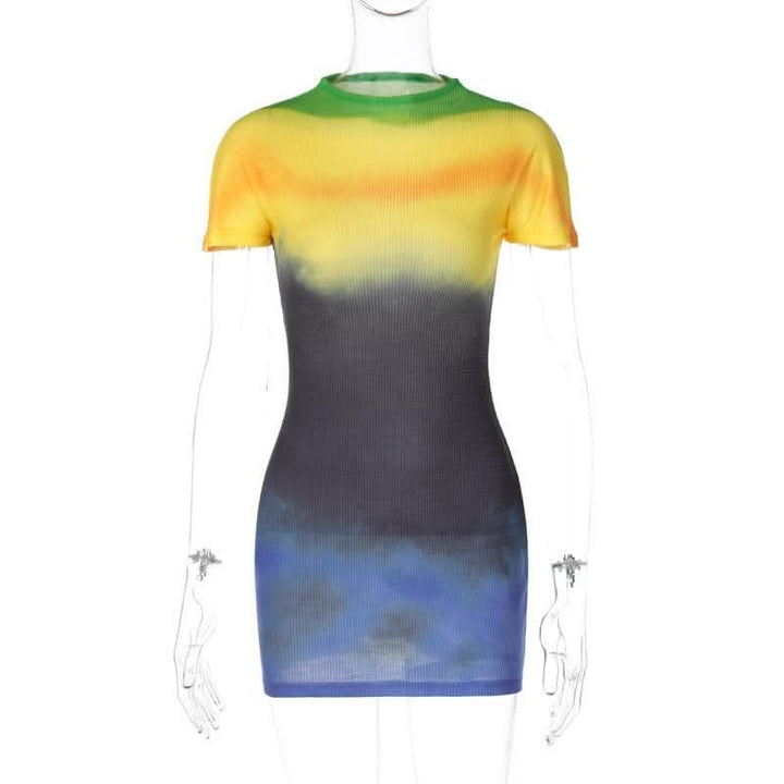Tie dye contrast short sleeve crewneck mini dress- Final Sale-final-sale  | Festival Outfits Women