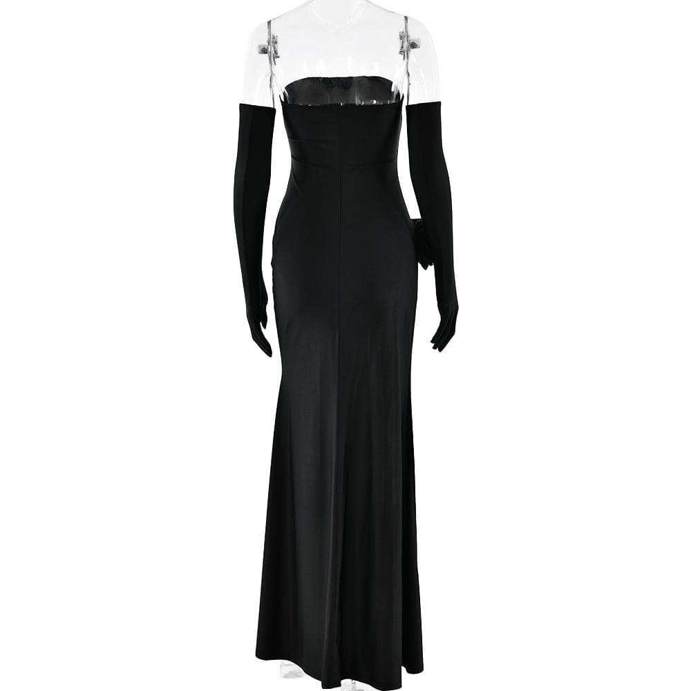 Off shoulder gloves flower applique high slit tube maxi dress  | Festival Outfits Women