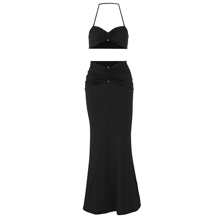 Halter sweetheart neck ruched maxi skirt set  | Festival Outfits Women