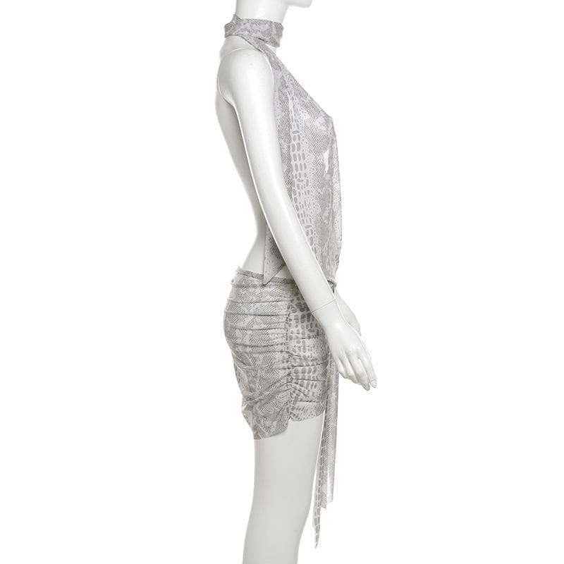 Snakeskin print halter sheer mesh irregular ruched mini dress  | Festival Outfits Women