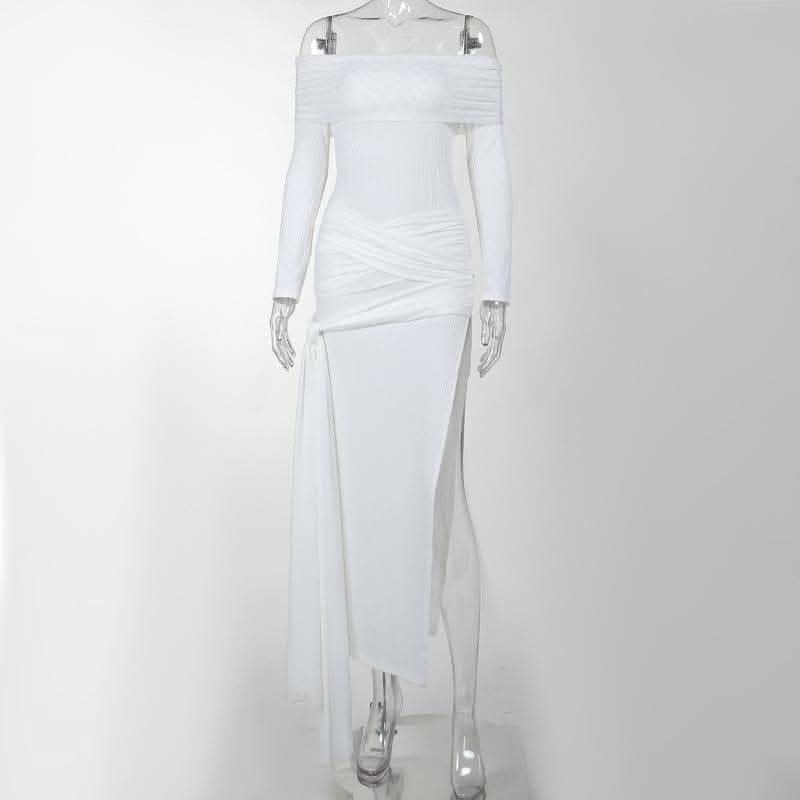 Cross front solid long sleeve off shoulder slit self tie maxi dress-final-sale  | Festival Outfits Women