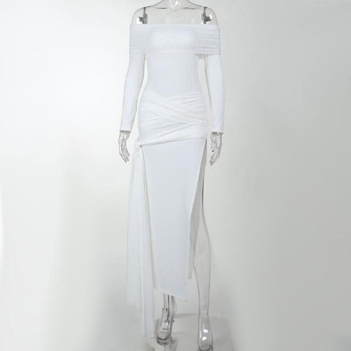 Cross front solid long sleeve off shoulder slit self tie maxi dress-final-sale  | Festival Outfits Women