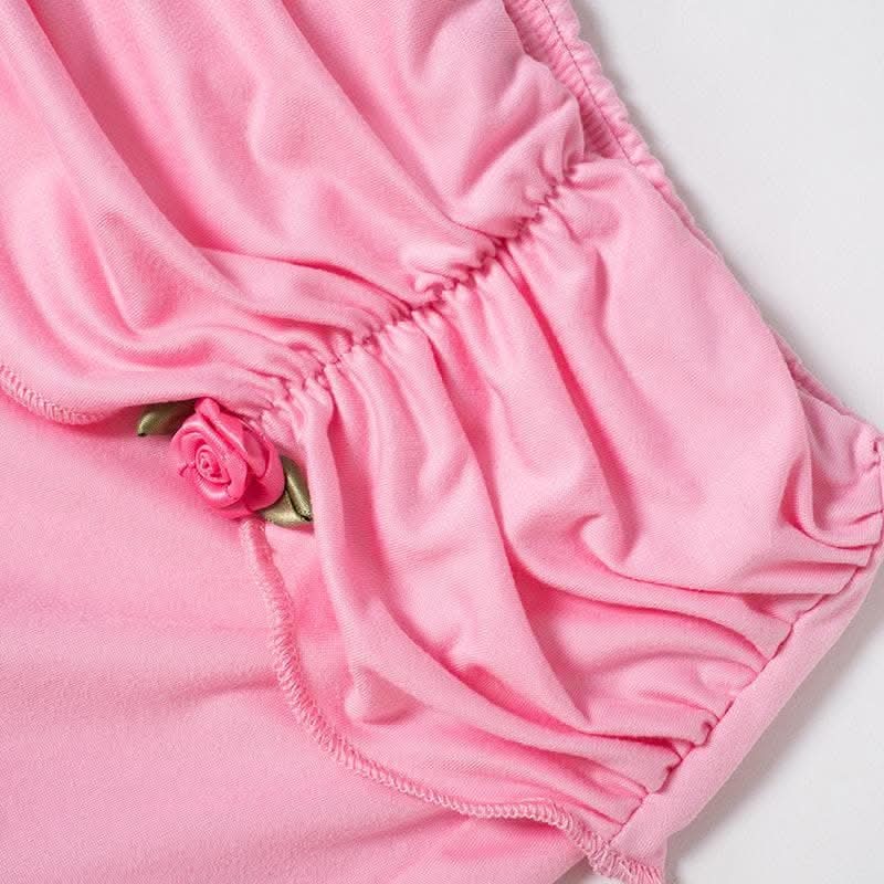 Long sleeve self tie ruched flower applique ruffle solid mini skirt set-final-sale  | Festival Outfits Women