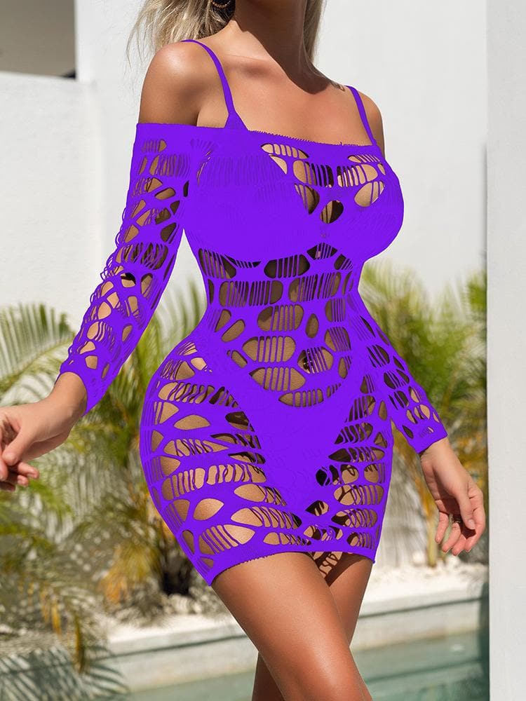 Long sleeve off shoulder net hollow out cut out mini dress  | Festival Outfits Women