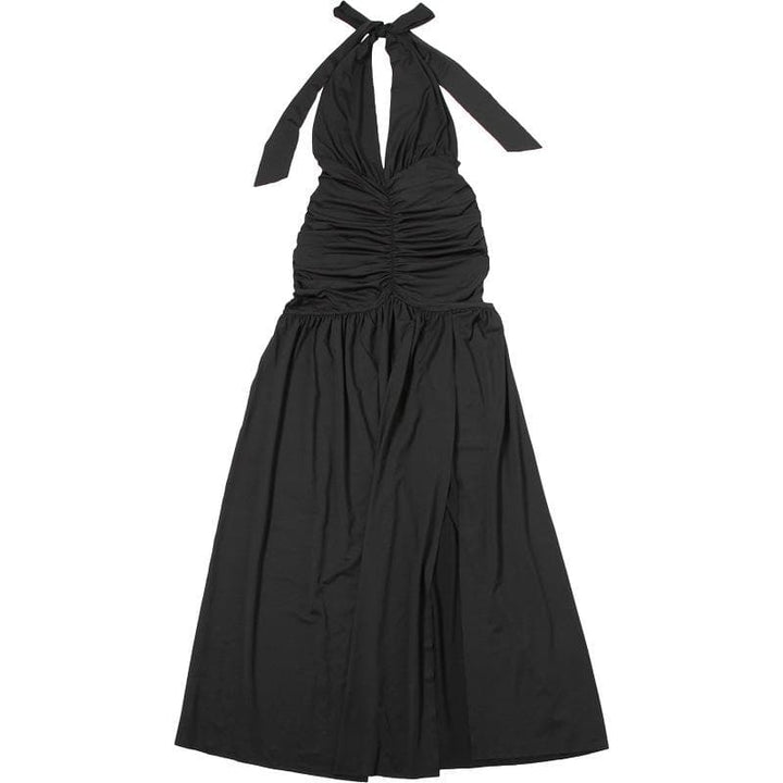 Halter deep v neck ruched backless maxi dress  | Festival Outfits Women