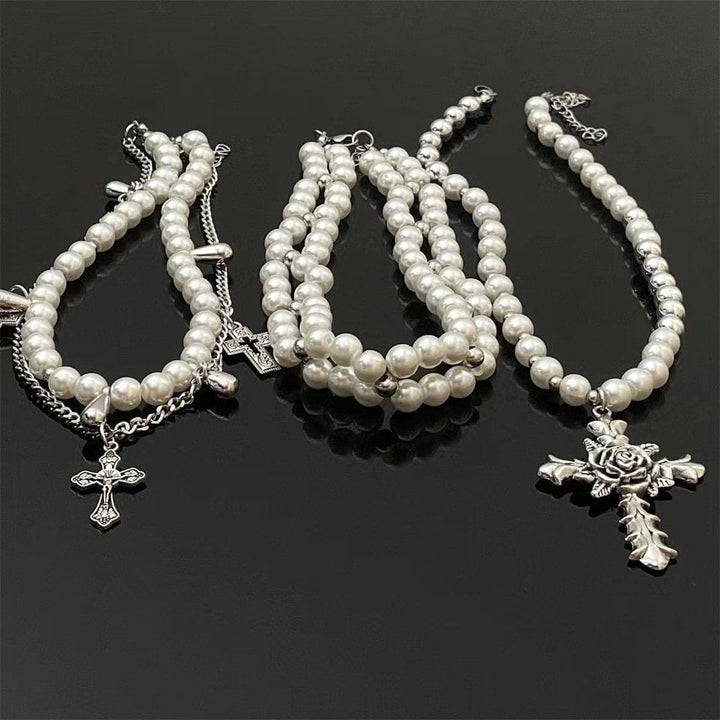 Faux pearl cross rose 3 pcs necklace  | Festival Outfits Women