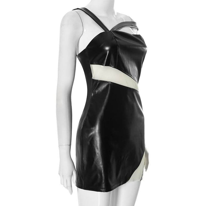Irregular PU leather mesh zip-up mini dress  | Festival Outfits Women