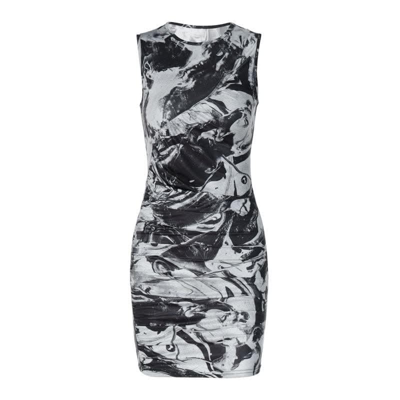 Tie dye contrast sleeveless ruched crewneck mini dress-final-sale
