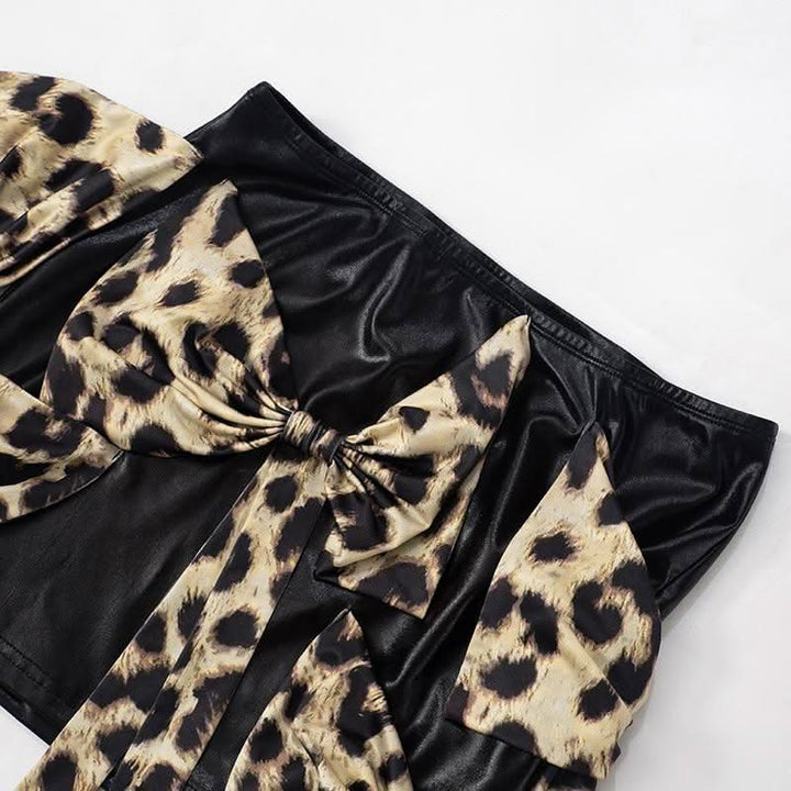 Leopard print bowknot PU leather contrast mini skirt Cargo Mini Skirt  | Festival Outfits Women  | Leopard Print Mini Dress