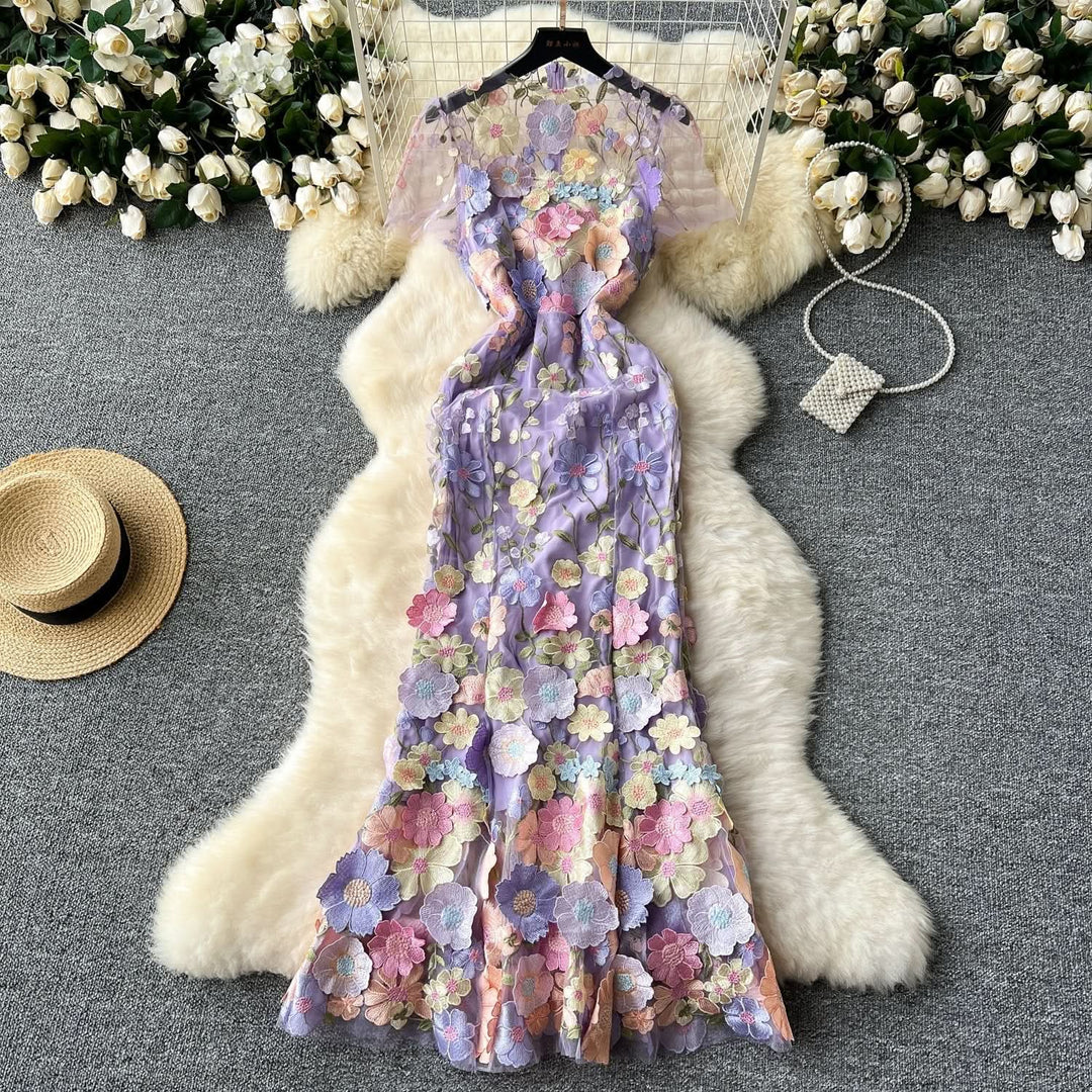Crewneck short sleeve flower embroidery zip-up maxi dress  | Festival Outfits Women