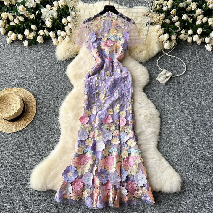 Crewneck short sleeve flower embroidery zip-up maxi dress  | Festival Outfits Women