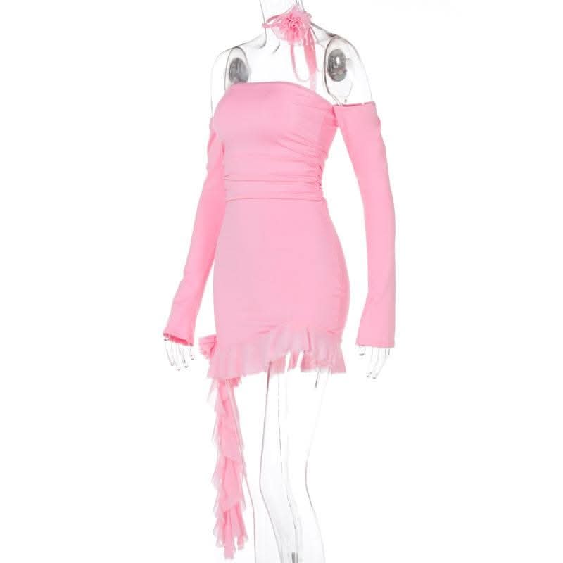 Long sleeve off shoulder flower applique ruffle ruched mini dress-final-sale  | Festival Outfits Women