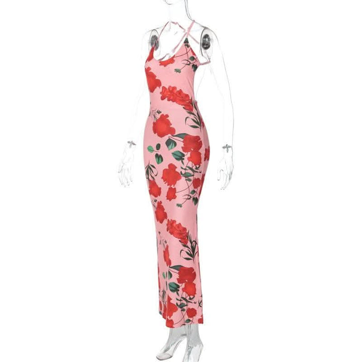Flower print u neck cross back backless cami midi dress-final-sale  | Festival Outfits Women