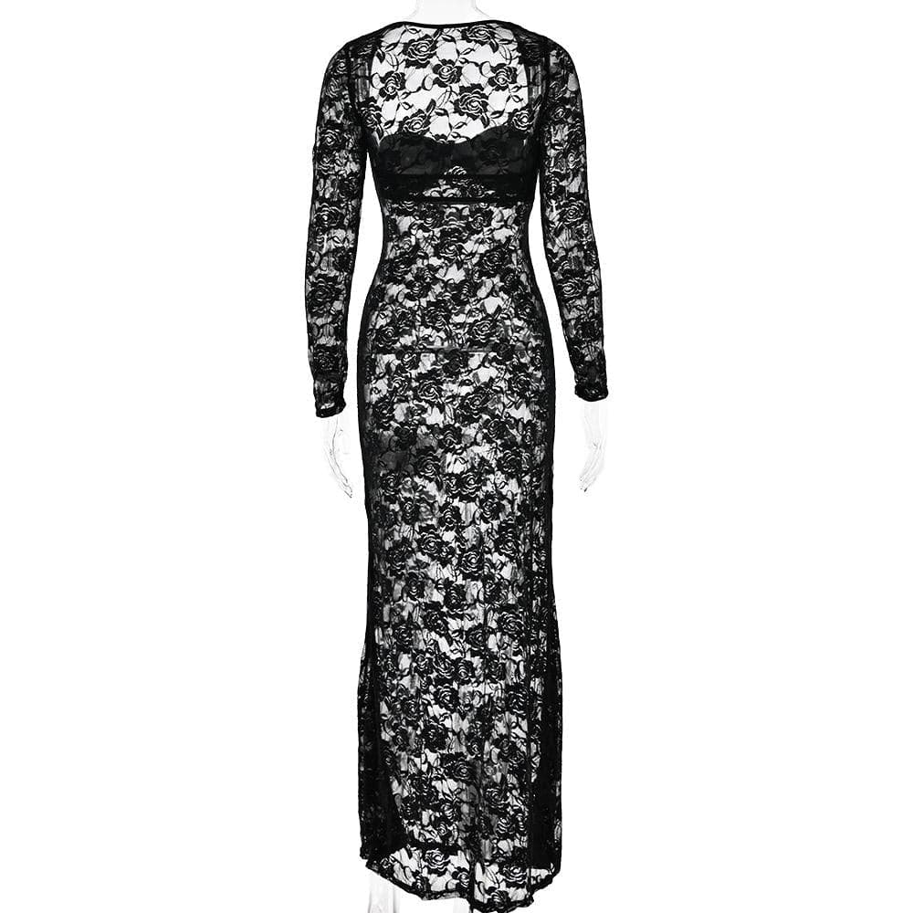 Long sleeve lace see through sweetheart neck maxi dress  | Festival Outfits Women