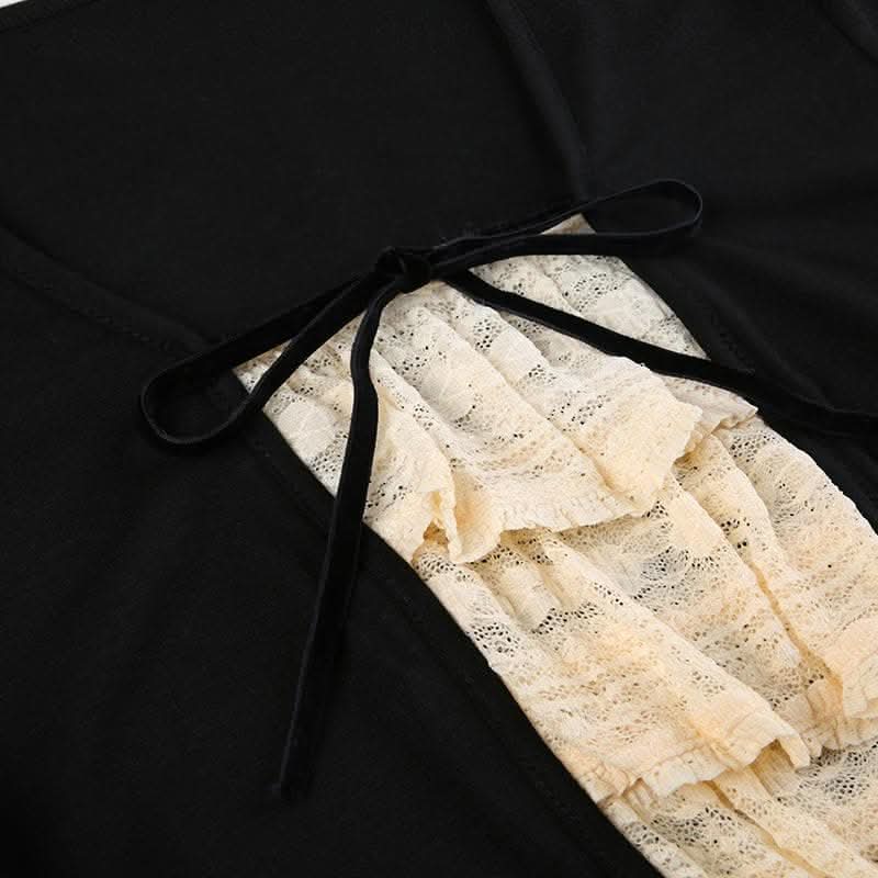 Lace patchwork contrast long sleeve self tie top-final-sale  | Festival Outfits Women