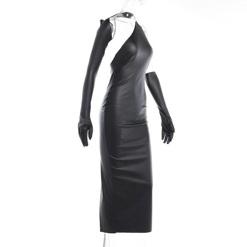 Gloves solid PU leather irregular one shoulder slit midi dress-final-sale  | Festival Outfits Women