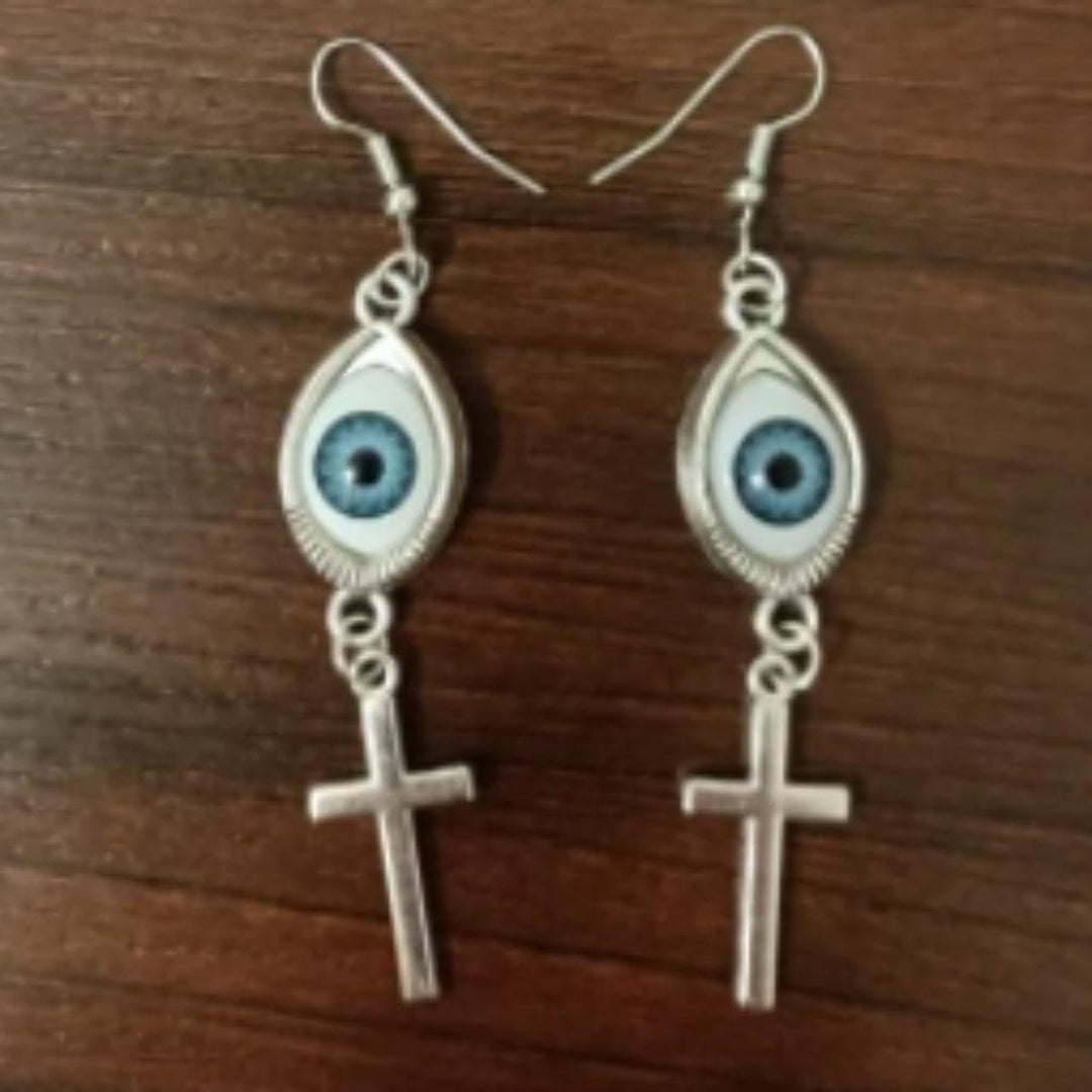 Blue eyes decor cross pendant drop earrings  | Festival Outfits Women