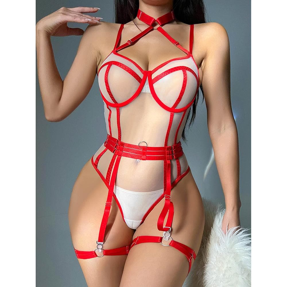 Mesh print garter o ring halter bodysuit  | Festival Outfits Women
