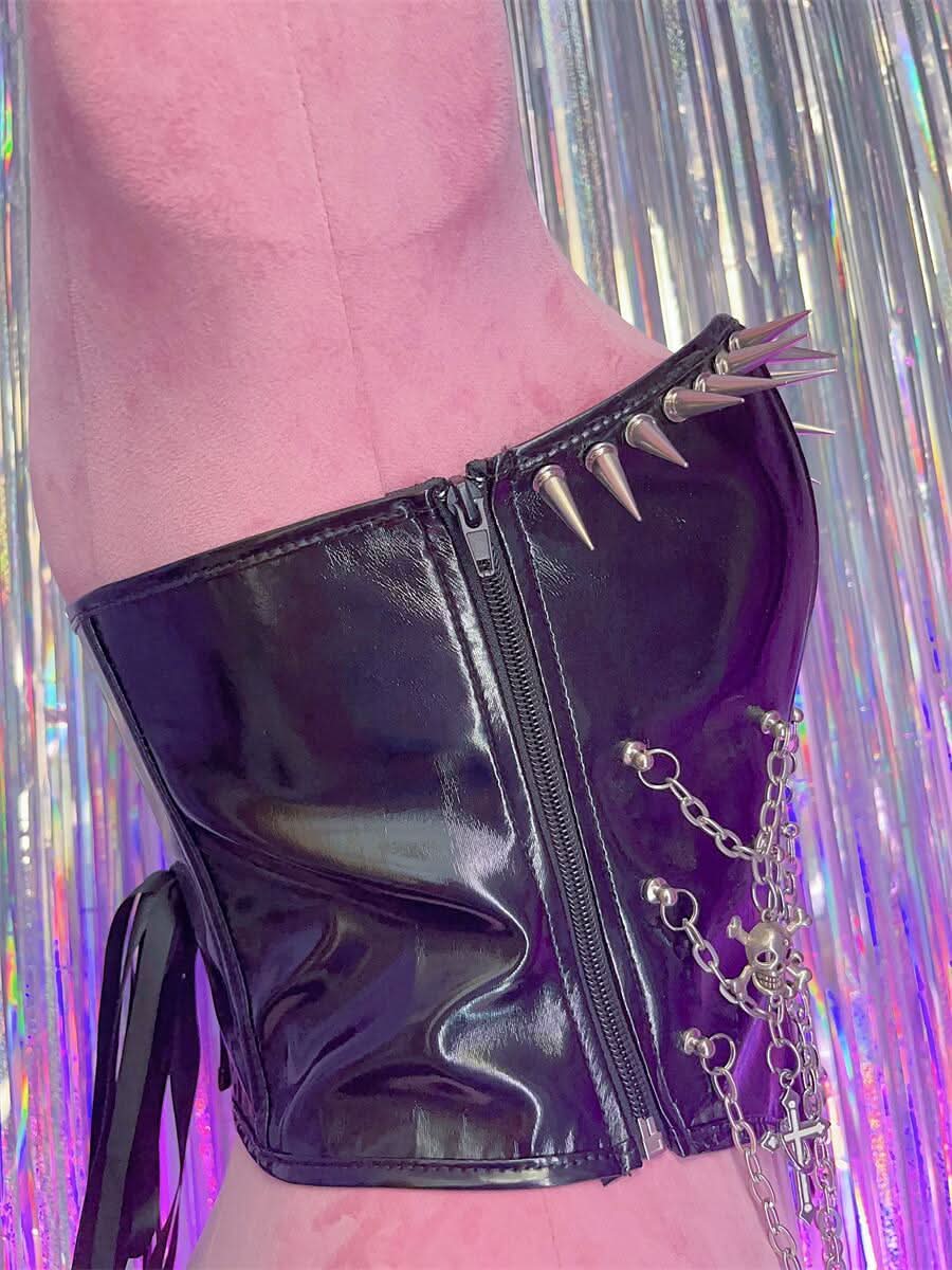 Zip-up metal chain cross applique PU leather lace up top  | Festival Outfits Women