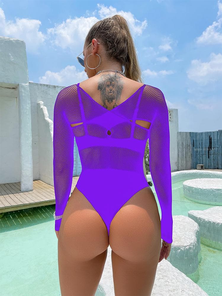 Long sleeve hollow out cross front net bodysuit  | Festival Outfits Women