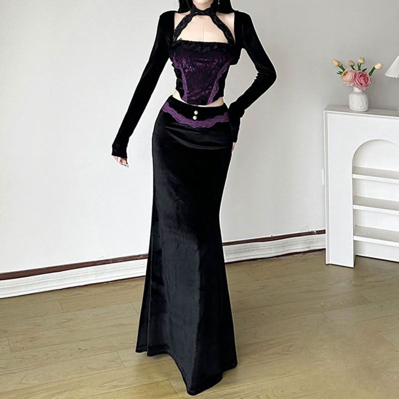 Velvet lace hem beaded maxi skirt  | Festival Outfits Women