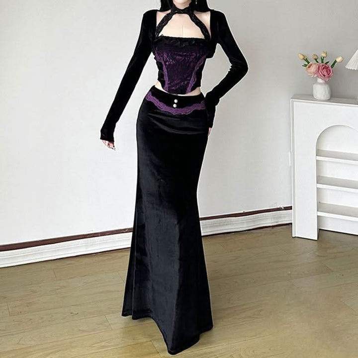 Velvet lace hem beaded maxi skirt  | Festival Outfits Women