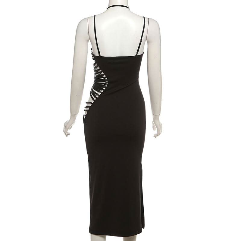 Irregular hollow out halter o ring cami slit cut out midi dress  | Festival Outfits Women