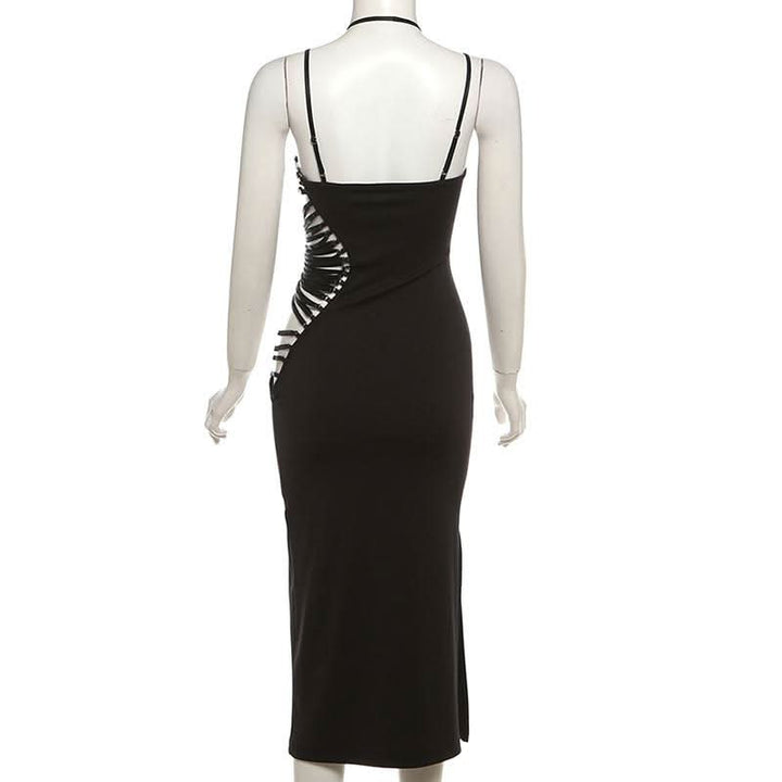 Irregular hollow out halter o ring cami slit cut out midi dress  | Festival Outfits Women