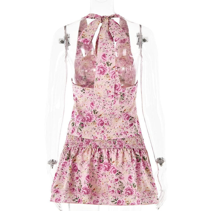Halter smocked button flower print mini skirt set  | Festival Outfits Women