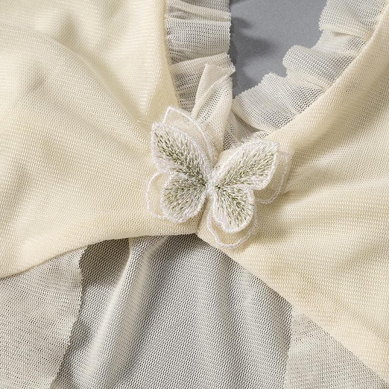 Halter lace hem ruffle butterfly embroidery mesh top  | Festival Outfits Women