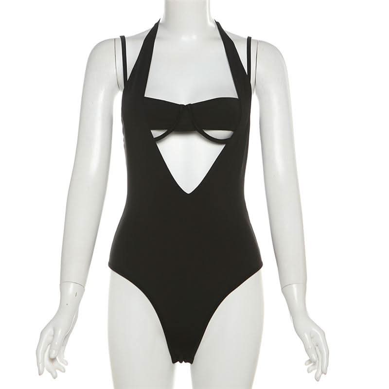 Halter v neck hollow out 2 piece cami bodysuit-final-sale
