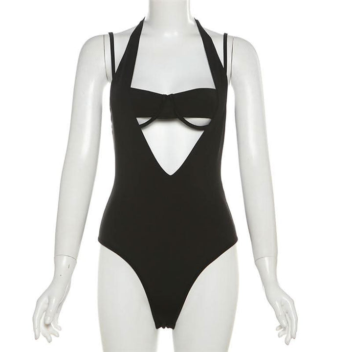 Halter v neck hollow out 2 piece cami bodysuit-final-sale