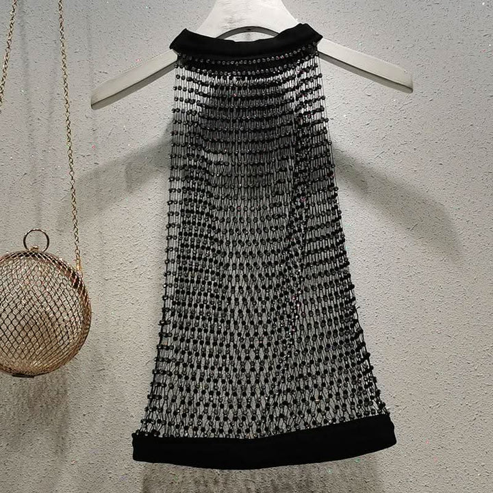 Crewneck hollow out see through beaded button cut out top  | Festival Outfits Women