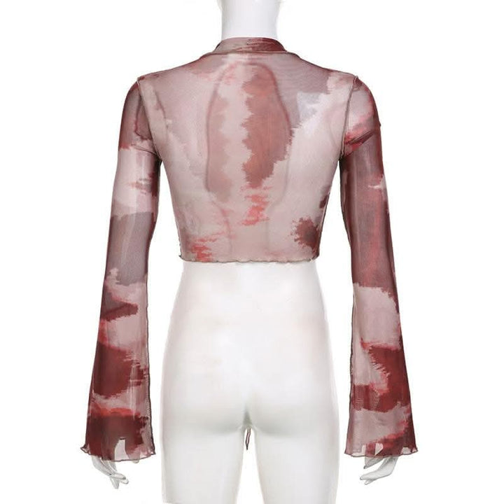 Sheer mesh see through long sleeve tie dye ruffle self tie crop top-final-sale | Mesh Long Sleeve Crop Top  | Festival Outfits Women