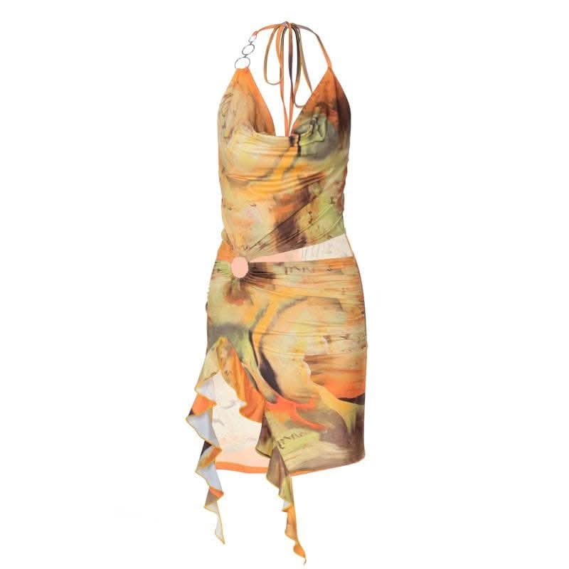 Halter print cowl neck o ring ruffle mini dress-final-sale