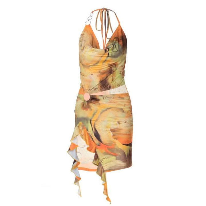 Halter print cowl neck o ring ruffle mini dress-final-sale