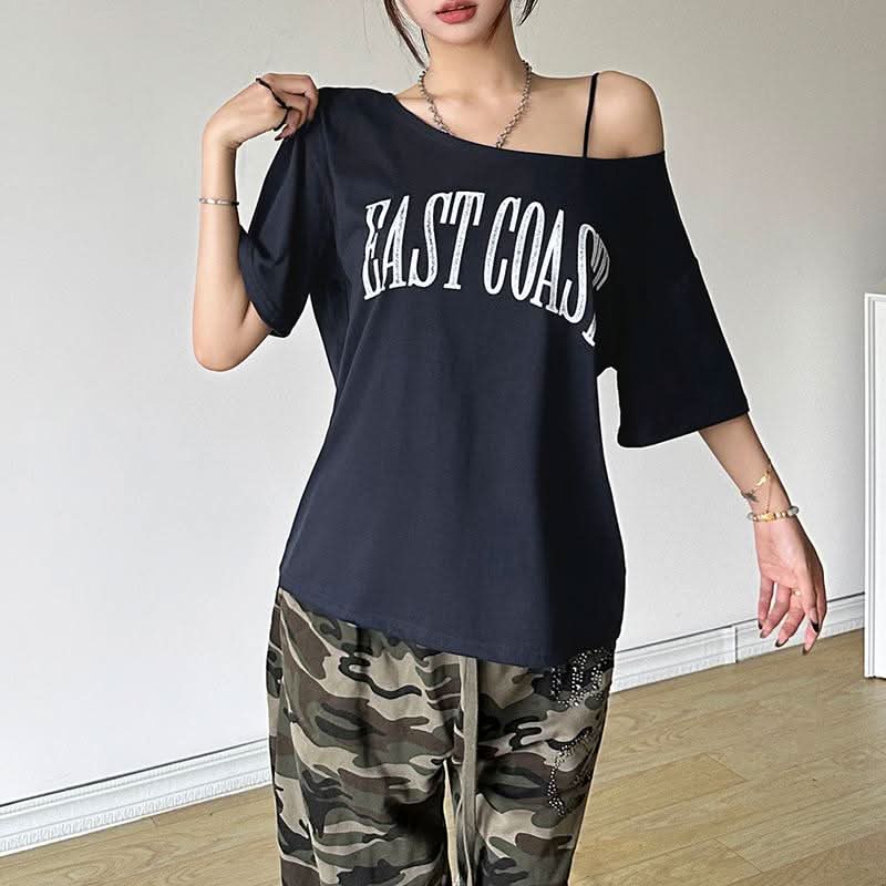 Short sleeve letter pattern round neck contrast top  | Festival Outfits Women