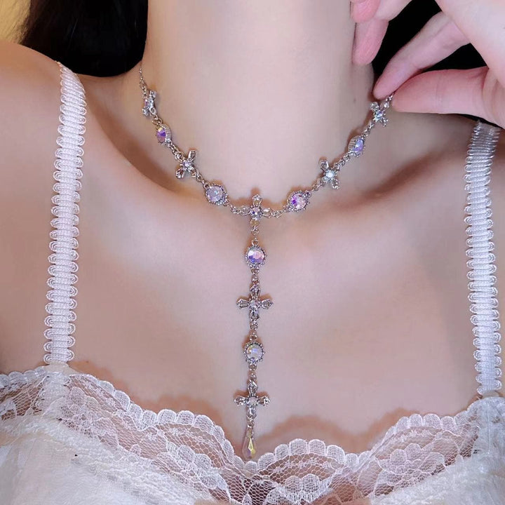 Cross pendant rhinestone metal chain choker necklace  | Festival Outfits Women